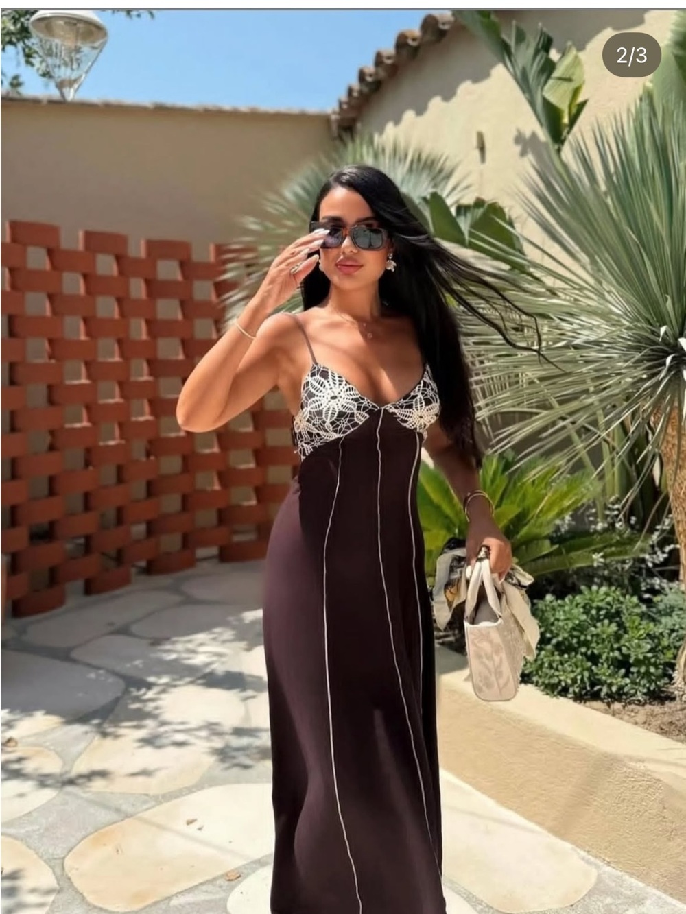 Zara Brown Maxi Slip Dress with Cream Crochet Bust
